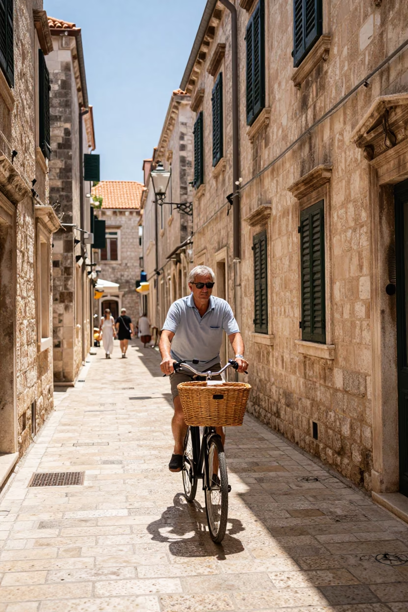 Sunlit Dubrovnik Old Town Street Scene with Bicycle Basket and Stone Architecture in in Dubrovnik, Croatia