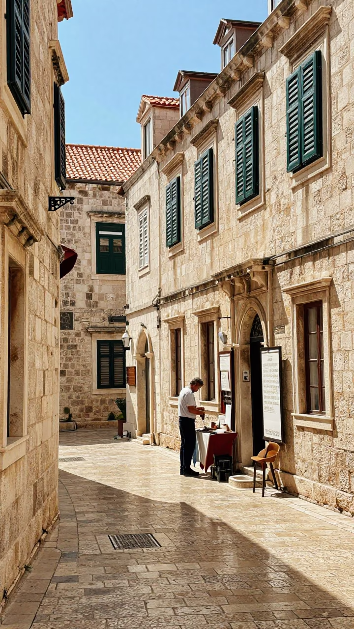 Sunlit Dubrovnik Old Town Street Scene with Local Artisan and Tourists in Midmorning in in Dubrovnik, Croatia