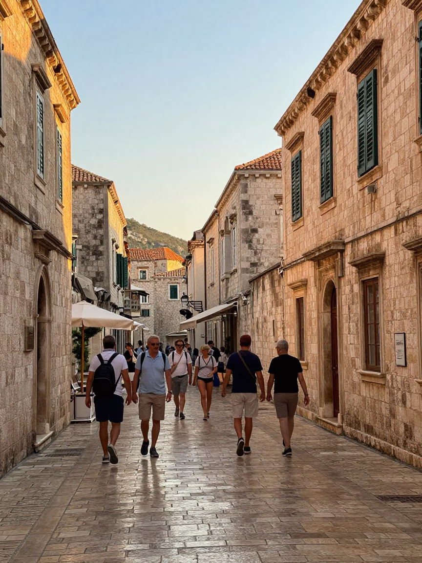 Sunlit Dubrovnik Old Town Street Scene with Tourists and Traditional Architecture in in Dubrovnik, Croatia