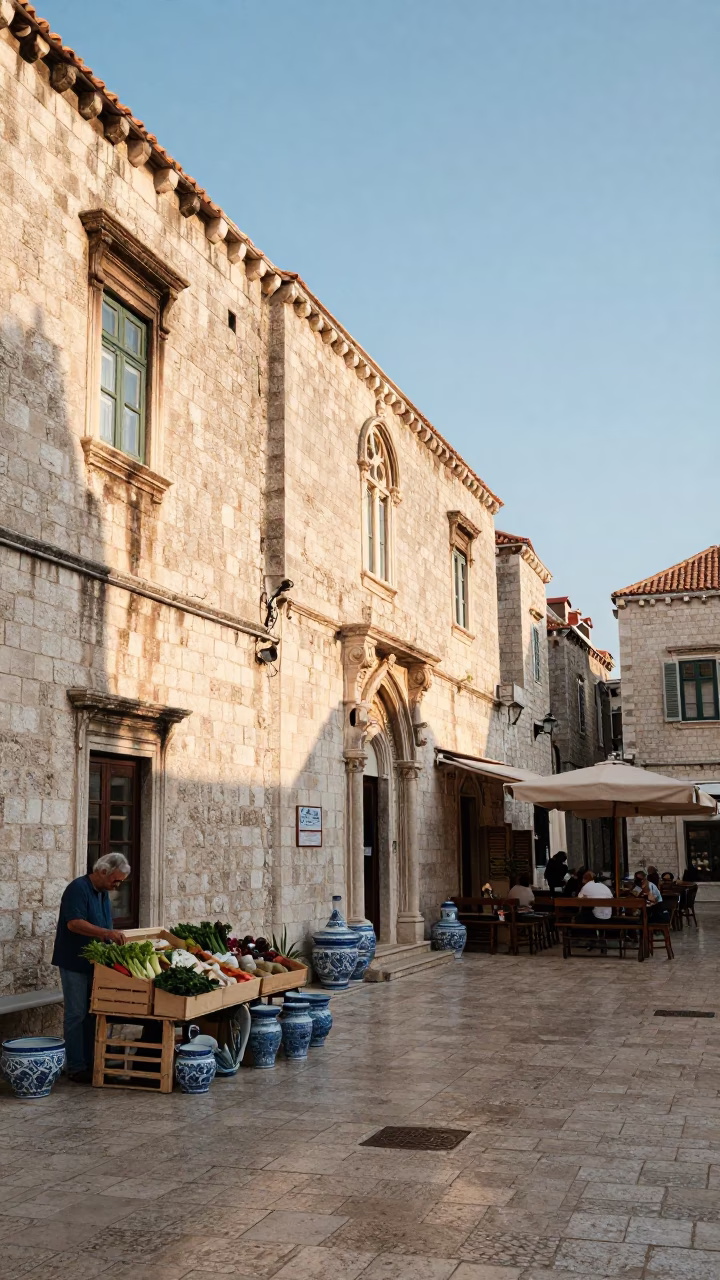 Sunlit Dubrovnik Old Town Street with Blue White Porcelain and Morning Light in in Dubrovnik, Croatia