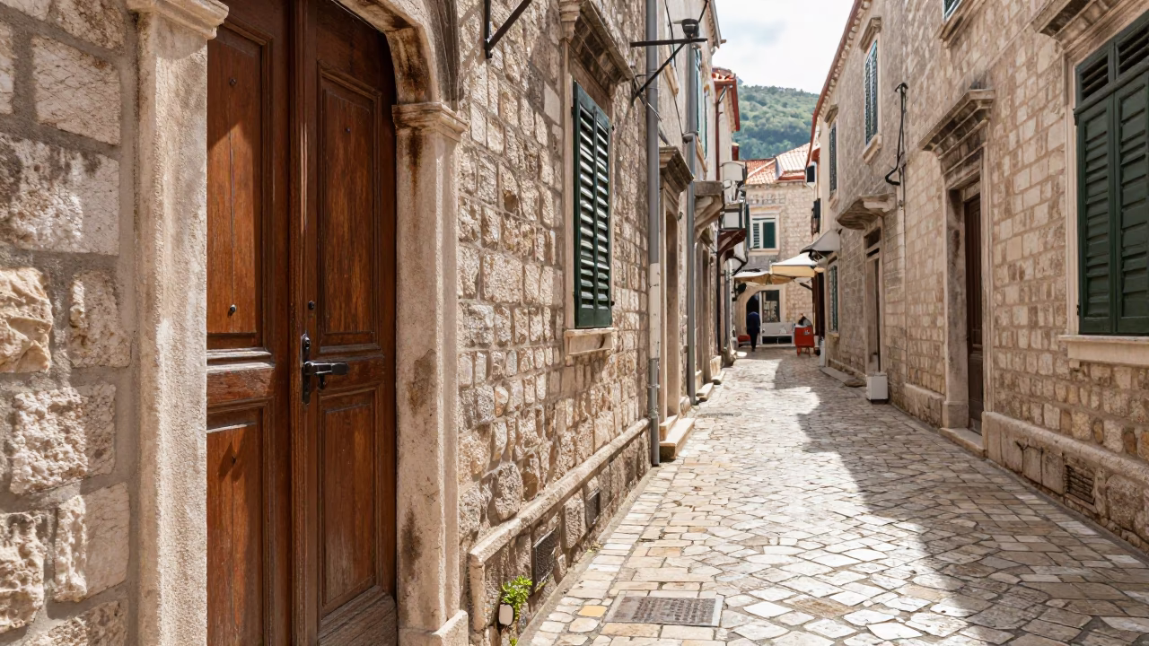 Sunlit Dubrovnik Old Town Street with Iron Deadbolt and Cable Car View in in Dubrovnik, Croatia