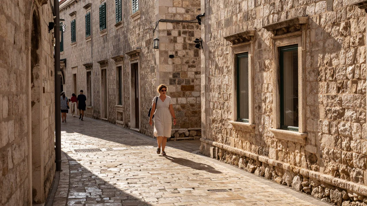 Sunlit Dubrovnik Old Town Street with Stone Walls and Local Daily Life in in Dubrovnik, Croatia