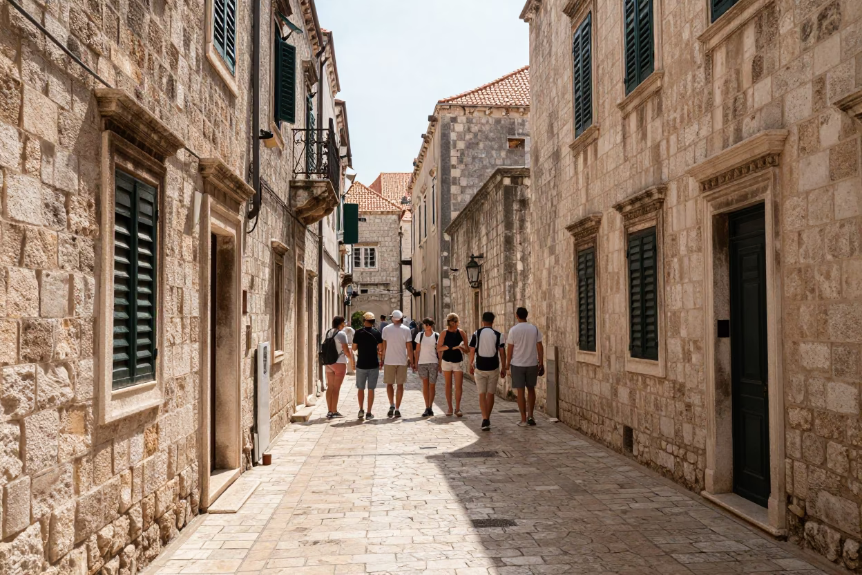 Sunlit Dubrovnik Old Town Street with Tourists and Stone Architecture in in Dubrovnik, Croatia