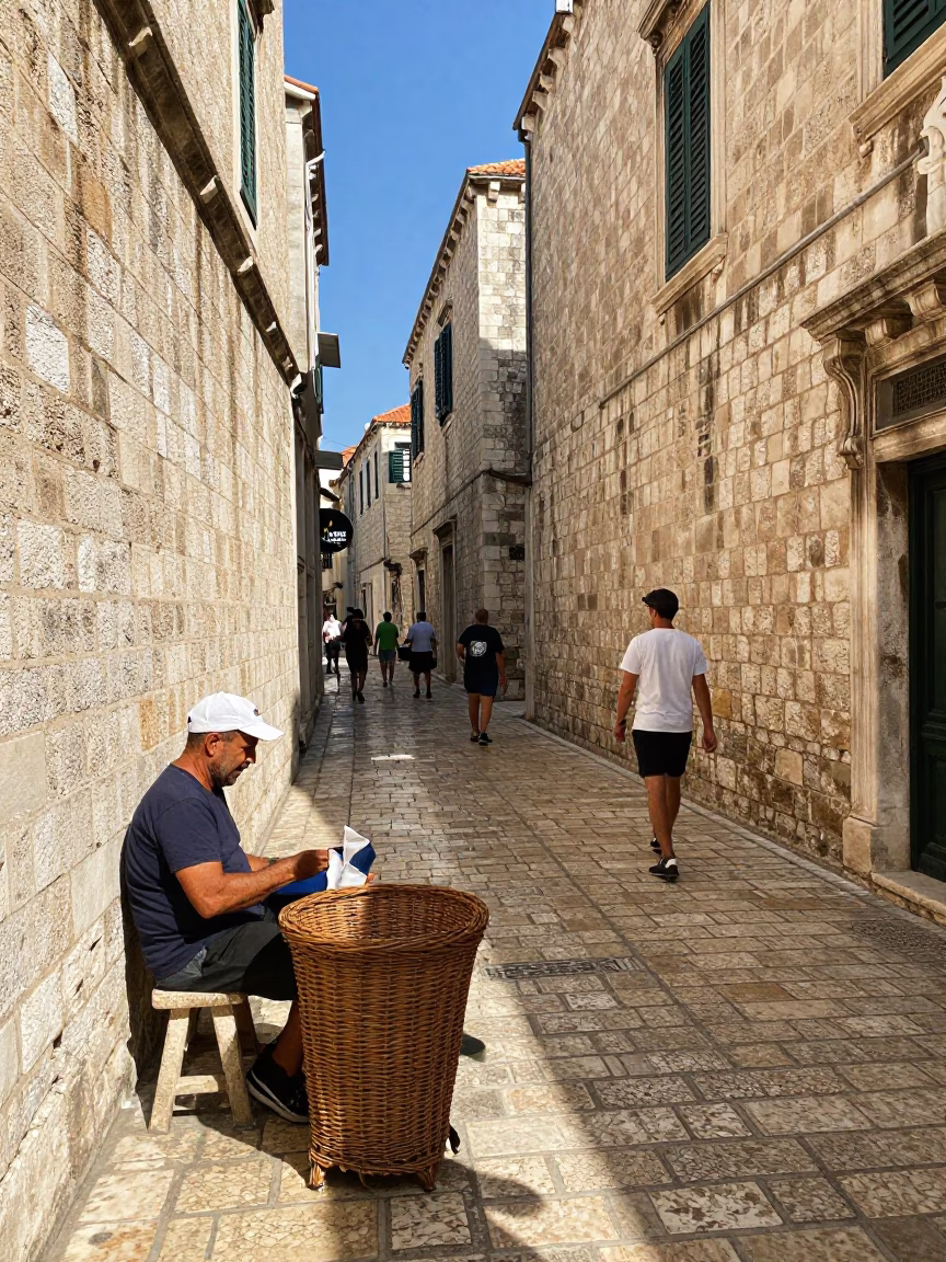 Sunlit Dubrovnik Street Scene with Local Vendor and Wicker Basket in in Dubrovnik, Croatia