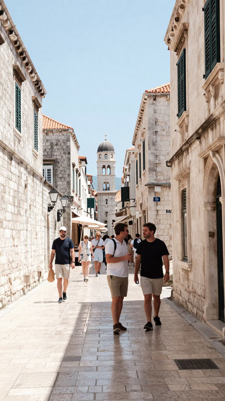 Sunlit Dubrovnik Street Scene with Tourist and Local Interaction Under Noon in in Dubrovnik, Croatia