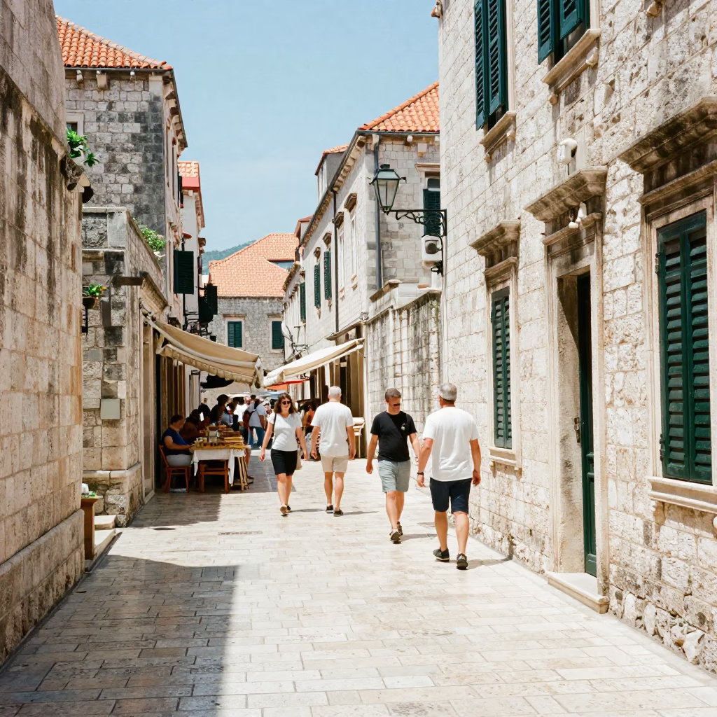 Sunlit Dubrovnik Street Scene with Tourists and Local Commerce at Noon in in Dubrovnik, Croatia