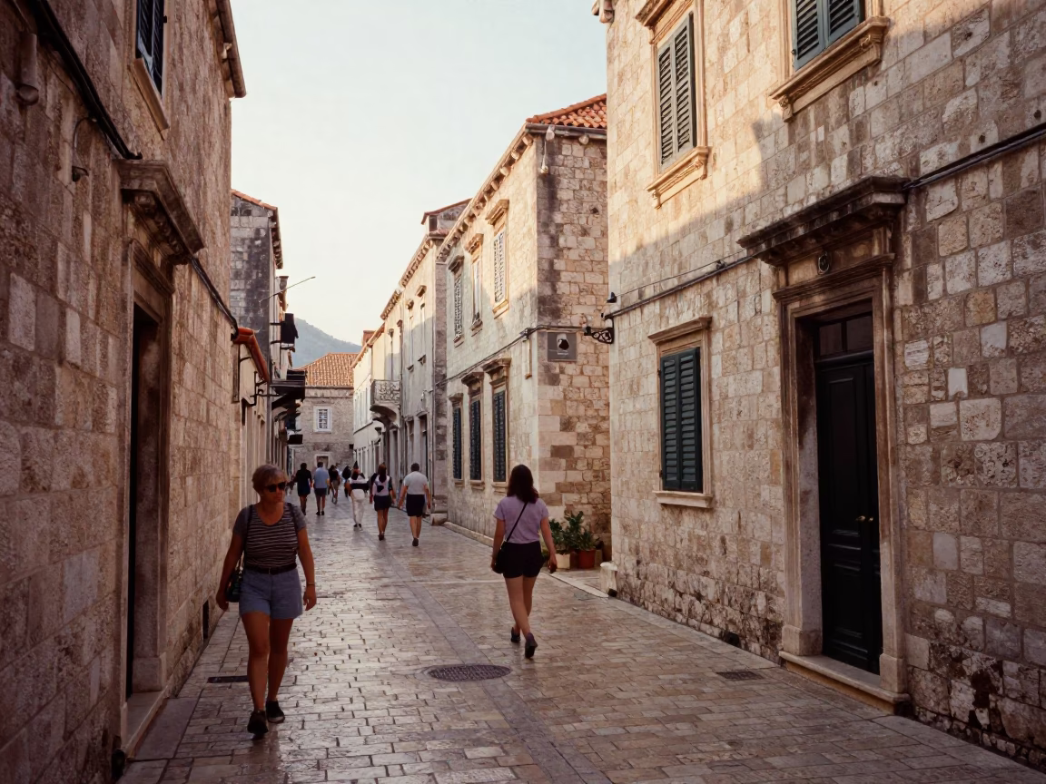 Sunlit Dubrovnik Street Scene with Vintage 1960s Aesthetic and Local Details in in Dubrovnik, Croatia