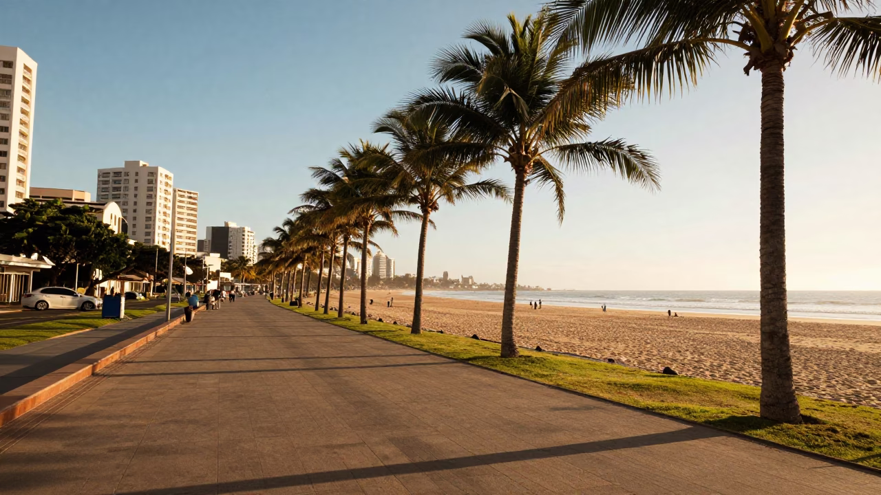 Sunlit Durban Beachfront Promenade with Palm Trees and Morning Commuters in in Durban, South Africa
