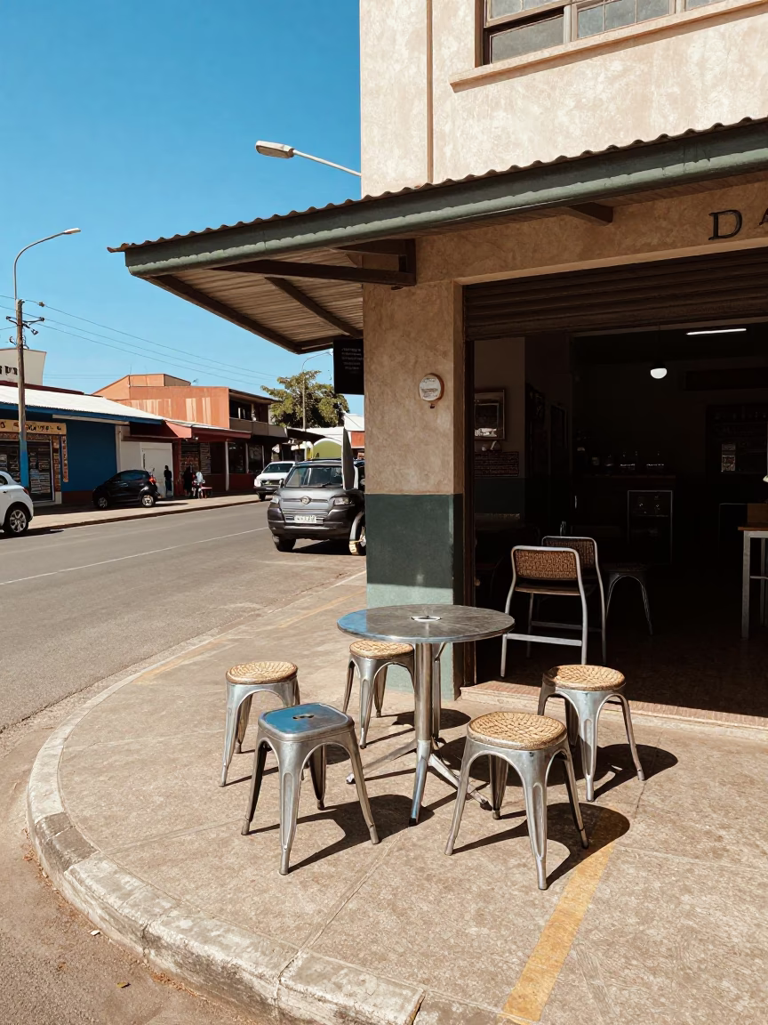 Sunlit Durban Street Corner with Metal Stools and Woven Cane Shadows in in Durban, South Africa
