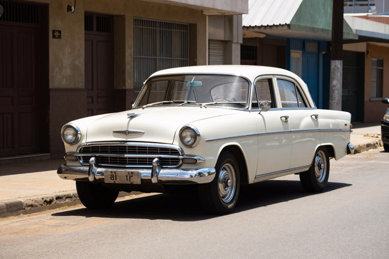 Sunlit Durban Street Scene with Vintage 1960s Car and Local Market Stall in in Durban, South Africa