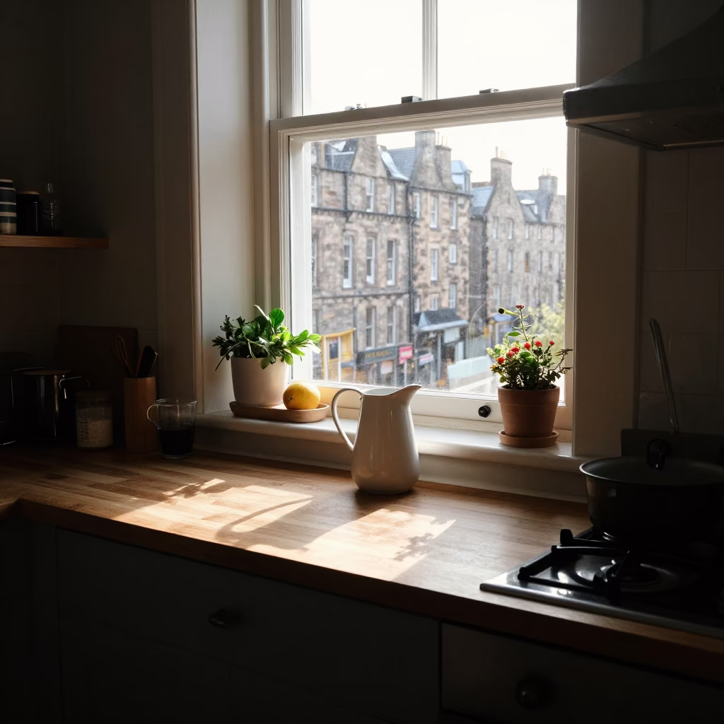 Sunlit Edinburgh Kitchen Counter with Ceramic Pitcher and Morning Light After Sunrise in in Edinburgh, United Kingdom