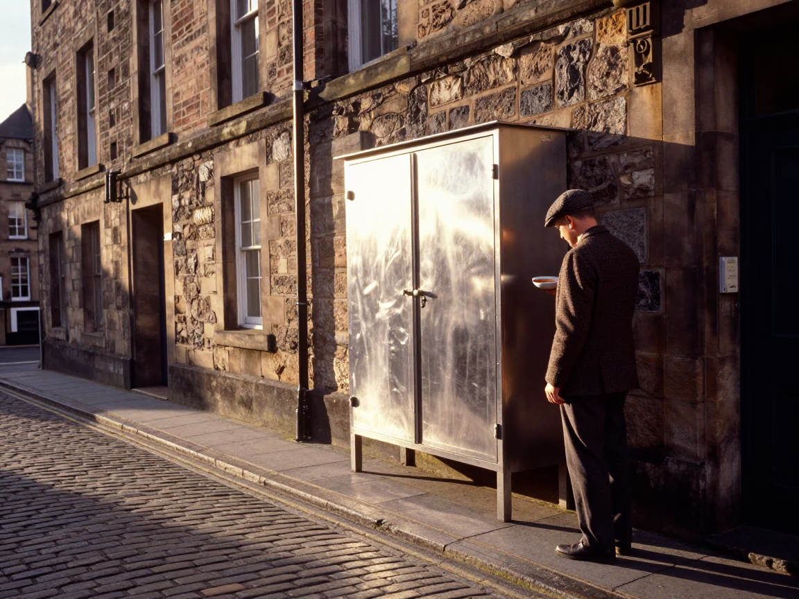 Sunlit Edinburgh Street Scene with Brushed Steel Cabinet and Linen Fringe Details in in Edinburgh, United Kingdom