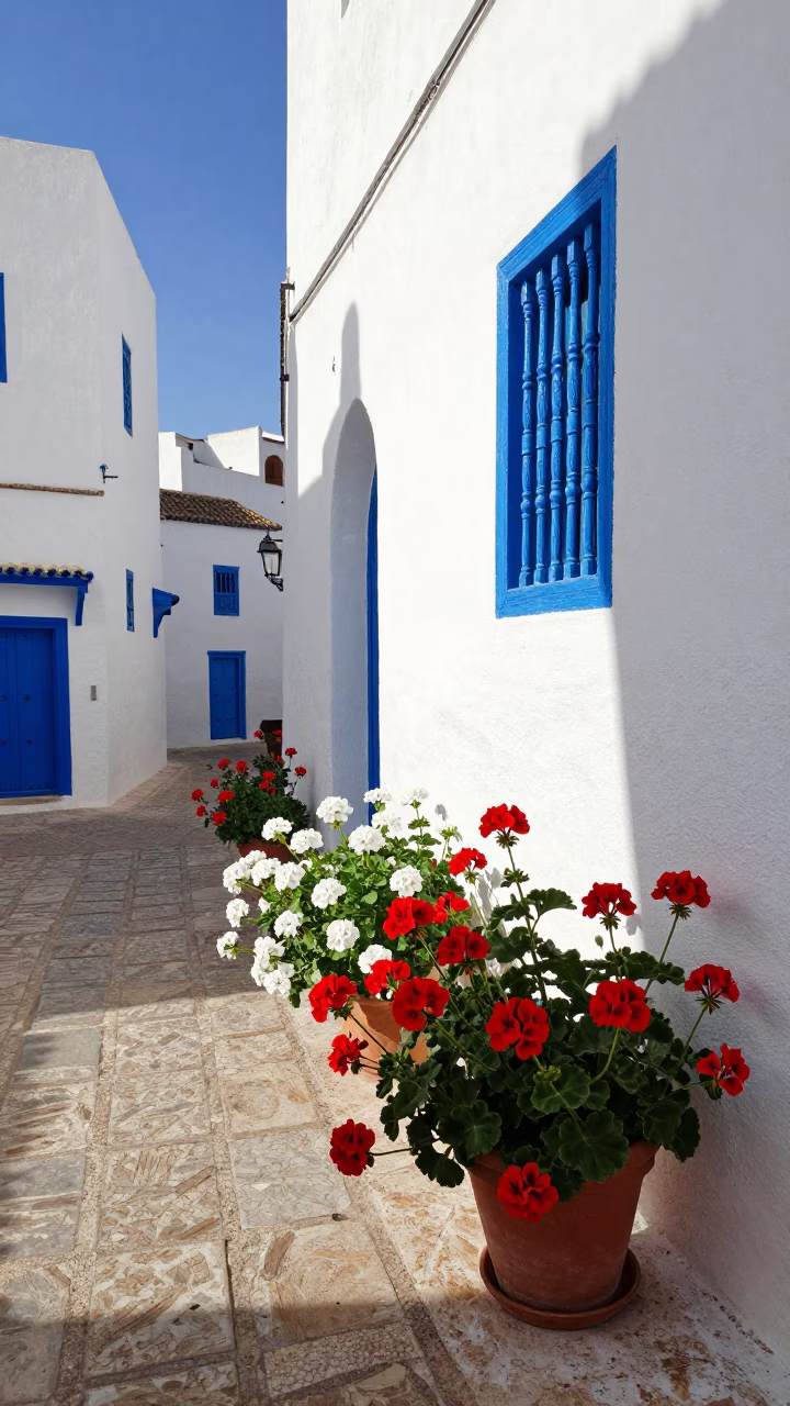 Sunlit Essaouira Alleyway with White Geraniums and Blue Window Frames in in Essaouira, Morocco