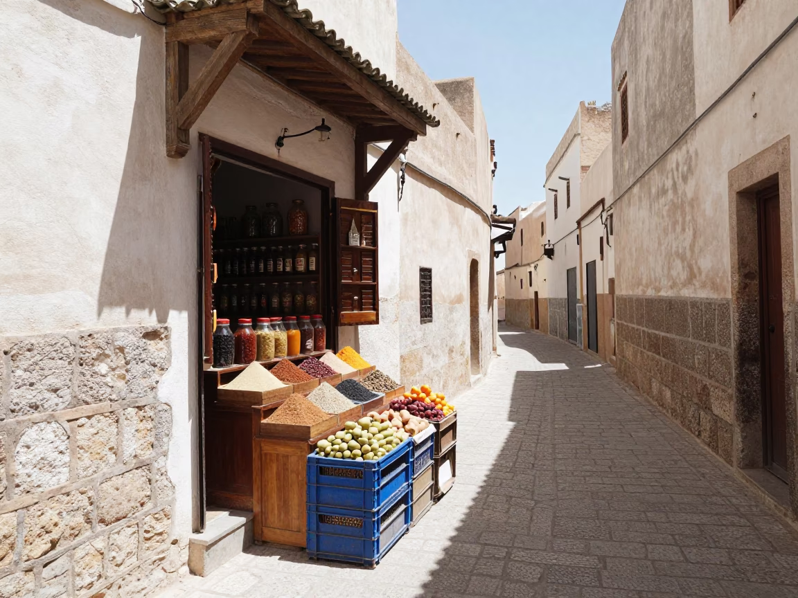 Sunlit Essaouira Medina Alleyway with Spices and Fruit Crates in in Essaouira, Morocco
