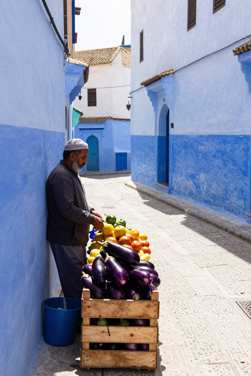 Sunlit Essaouira Medina Street Scene with Local Vendor and Traditional Goods in in Essaouira, Morocco