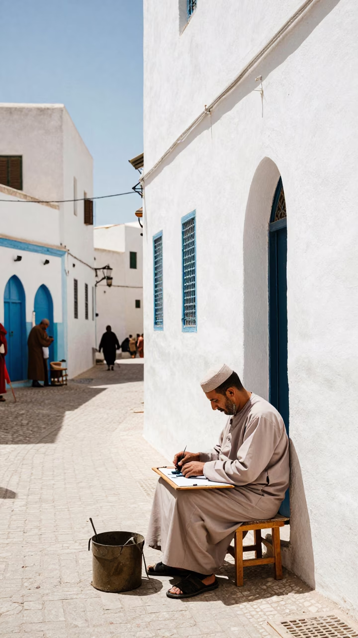 Sunlit Essaouira Medina Street with Local Artisan and Traditional Clay Pot in in Essaouira, Morocco