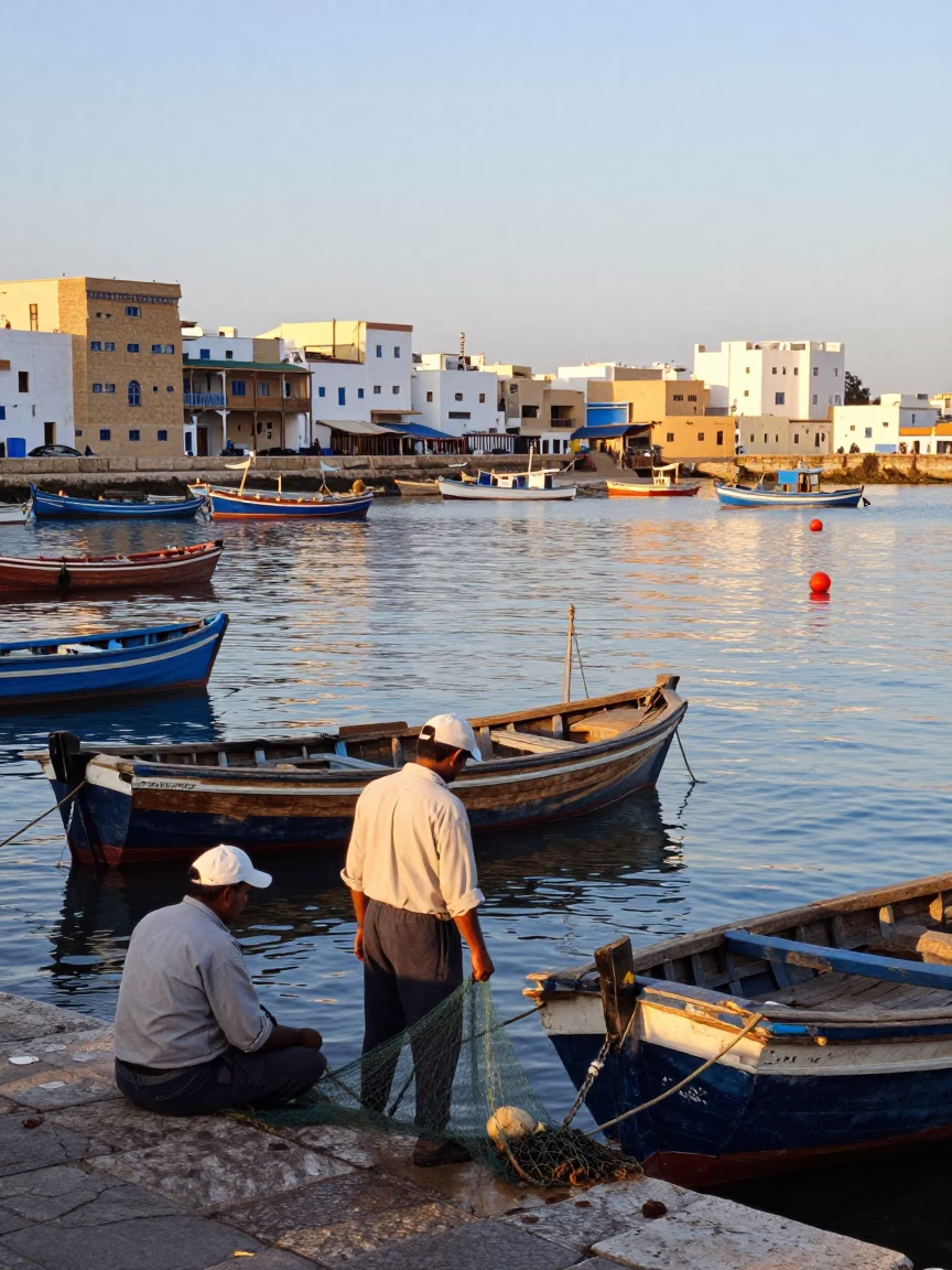 Sunlit Essaouira Port Scene with Fishermen and Traditional Wooden Boats at Dawn in in Essaouira, Morocco