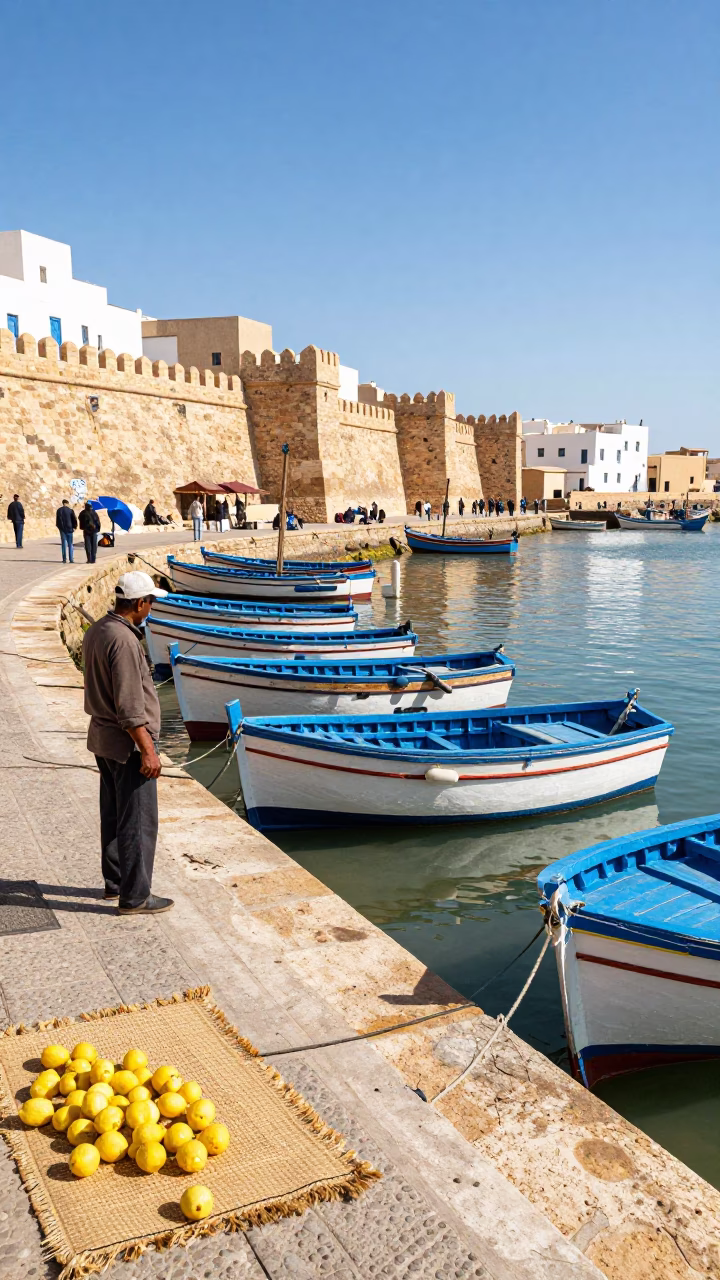 Sunlit Essaouira Port Scene with Fishing Boats and Lemon Stalls at Midday in in Essaouira, Morocco