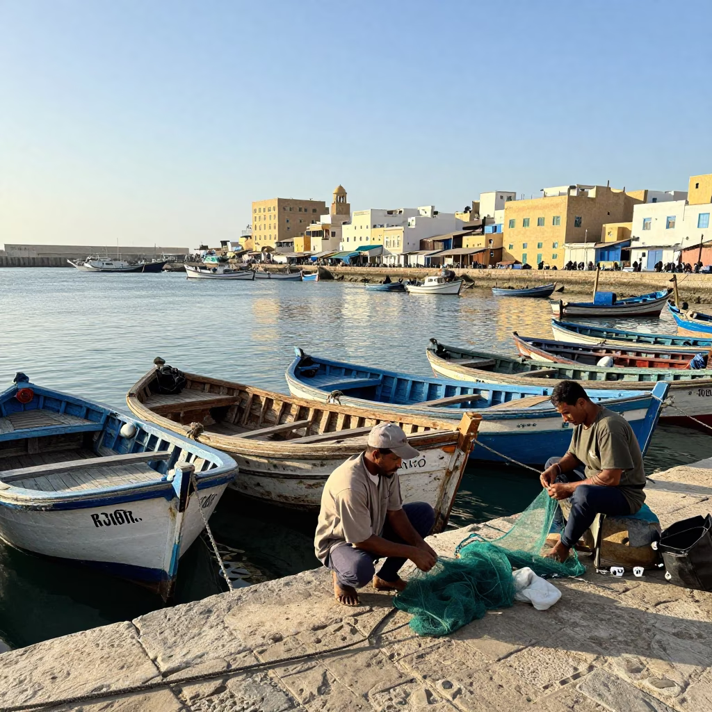 Sunlit Essaouira Port Scene with Local Fishermen and Traditional Wooden Boats in Morocco in in Essaouira, Morocco
