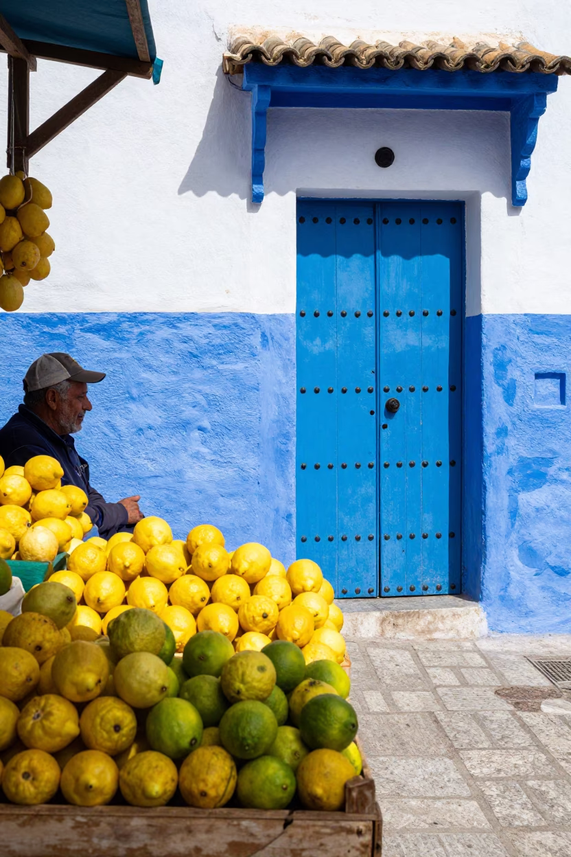 Sunlit Essaouira Street Scene with Fruit Stall and Blue Wooden Shutters in in Essaouira, Morocco