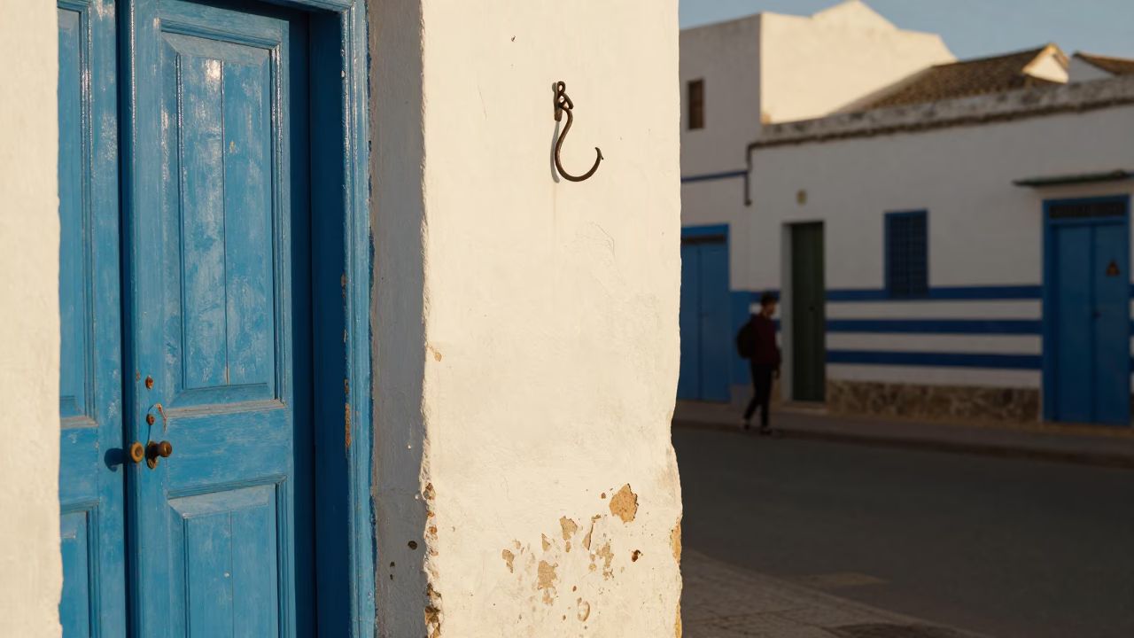 Sunlit Essaouira Street Scene with Iron Hook and Striped Towel in Late Afternoon Light in in Essaouira, Morocco