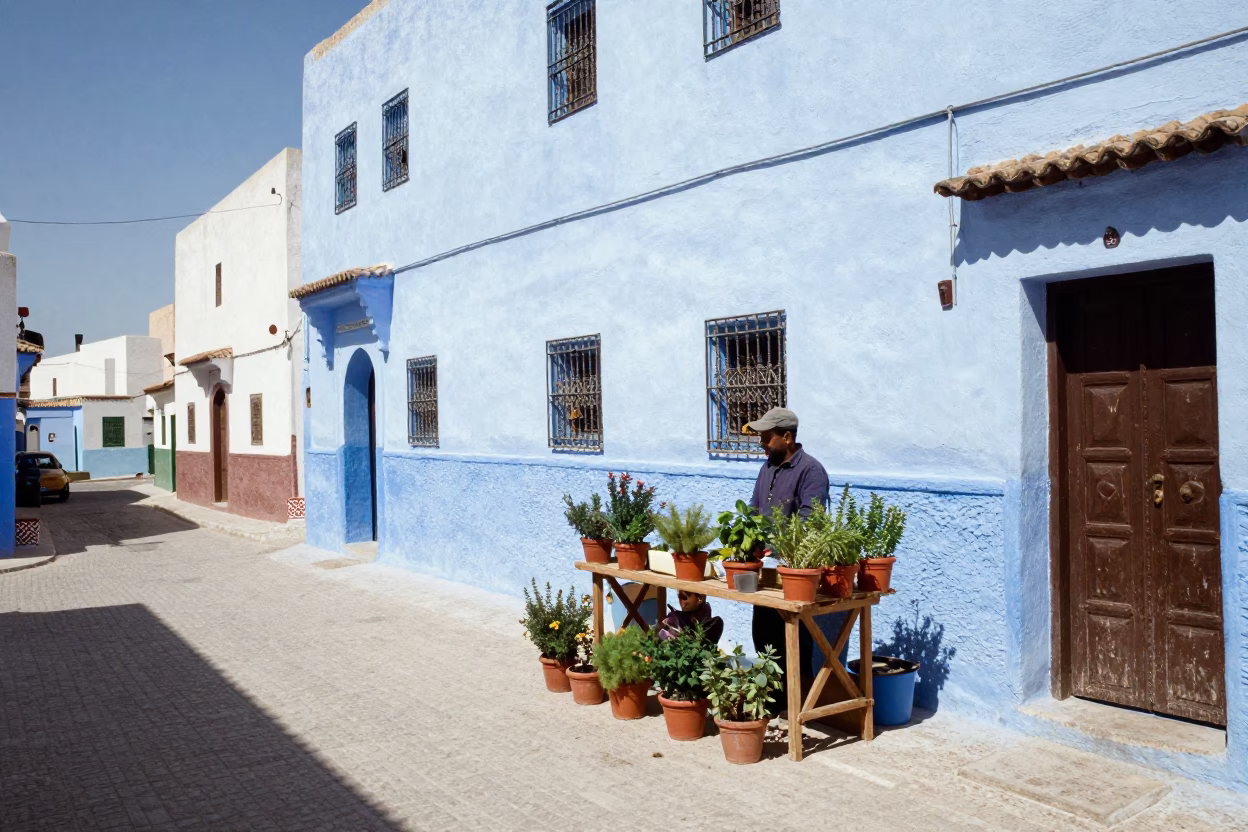 Sunlit Essaouira Street Scene with Potted Herbs and Local Market Activity in in Essaouira, Morocco