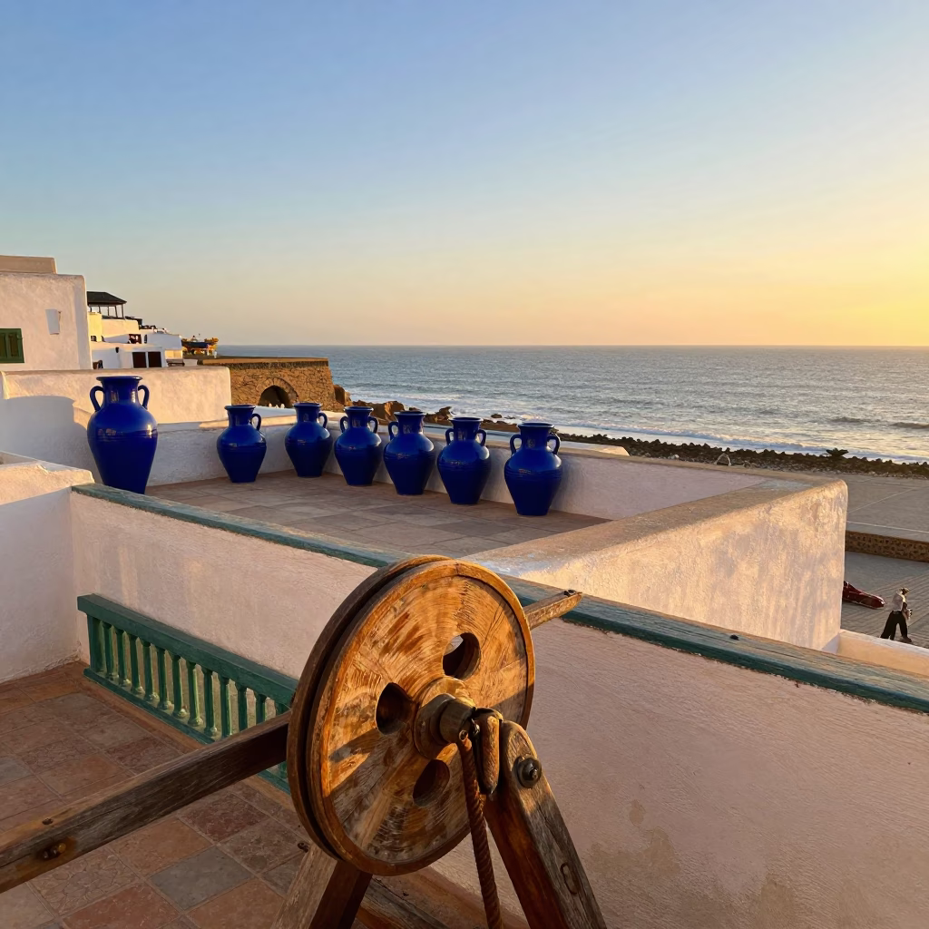 Sunlit Essaouira Terrace with Blue Pottery and Wooden Pulley Mechanism in in Essaouira, Morocco