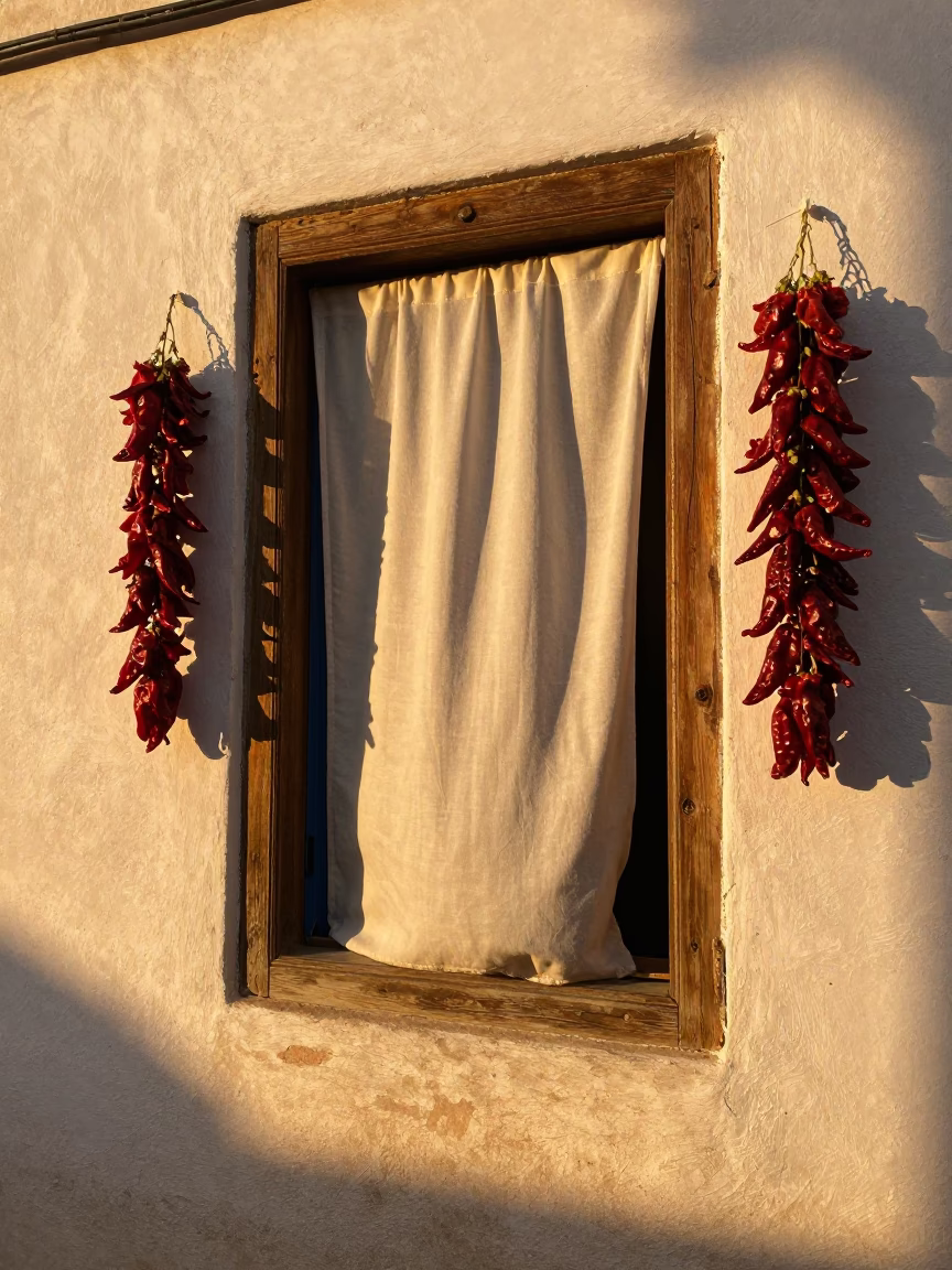 Sunlit Essaouira Window with Lifting Curtain and Hanging Chili Peppers in in Essaouira, Morocco