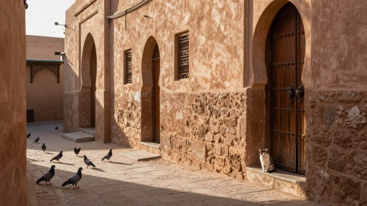 Sunlit Fez Alley with Cat and Pigeons Near Traditional Doorway in in Fez, Morocco