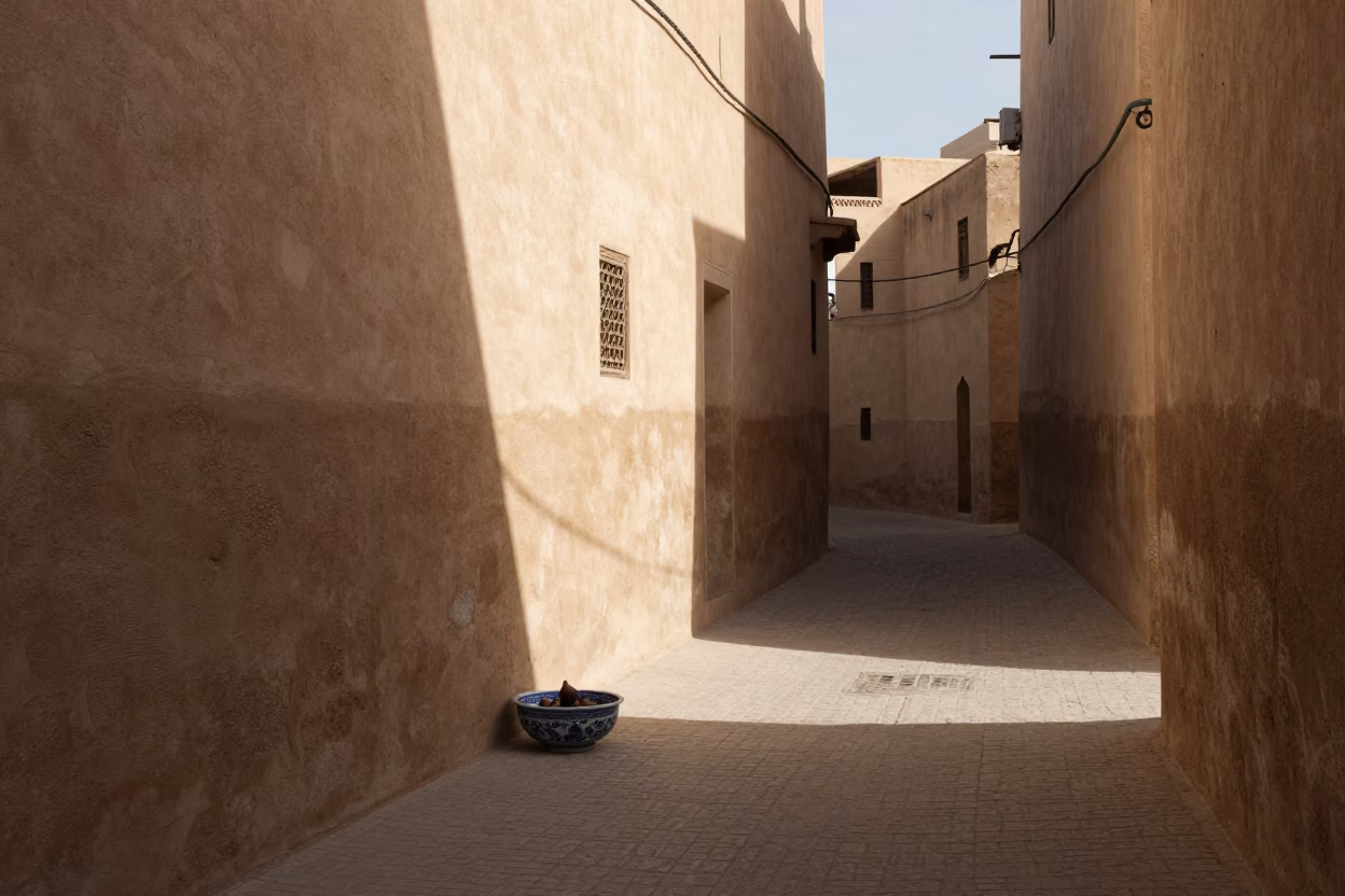 Sunlit Fez Alleyway with Blue Porcelain Bowl and Fig Tree Fruit in in Fez, Morocco