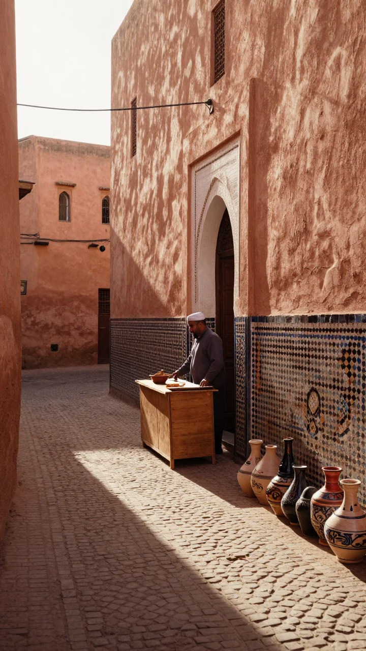 Sunlit Fez Alleyway with Local Vendor and Traditional Ceramic Bowl in in Fez, Morocco