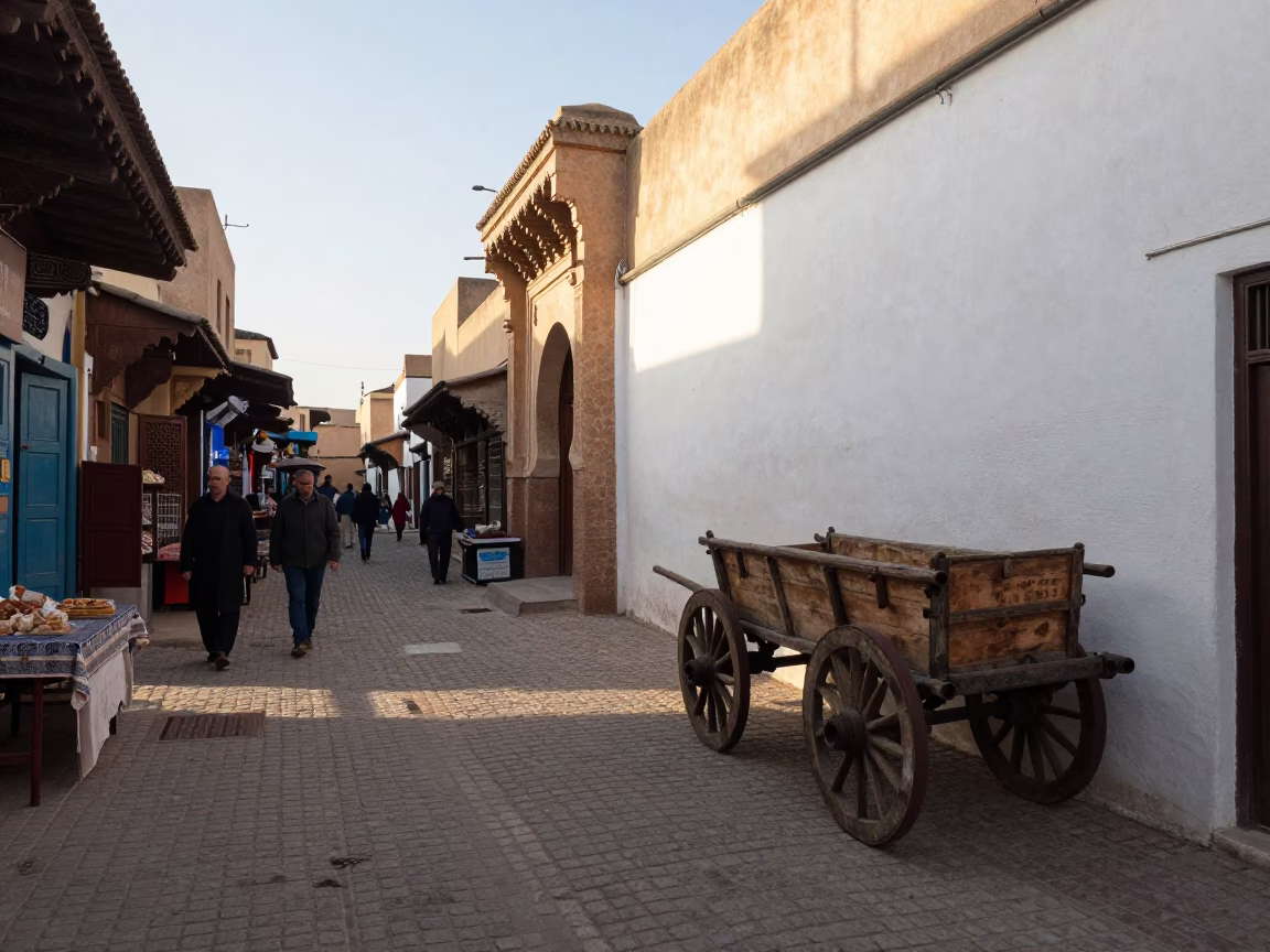 Sunlit Fez Alleyway with Rolling Cart and Iron Deadbolt Detail in in Fez, Morocco