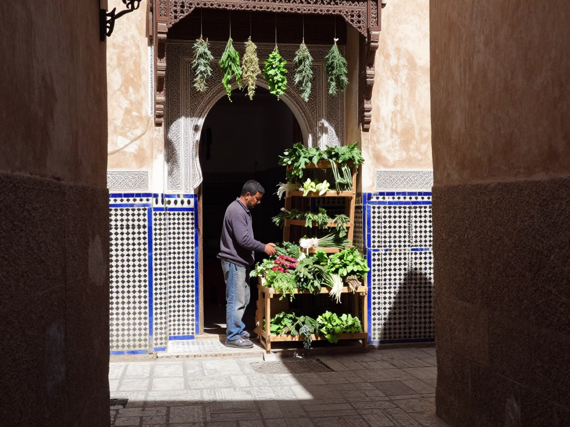Sunlit Fez Alleyway with Zellige Tilework and Hanging Herbs in in Fez, Morocco
