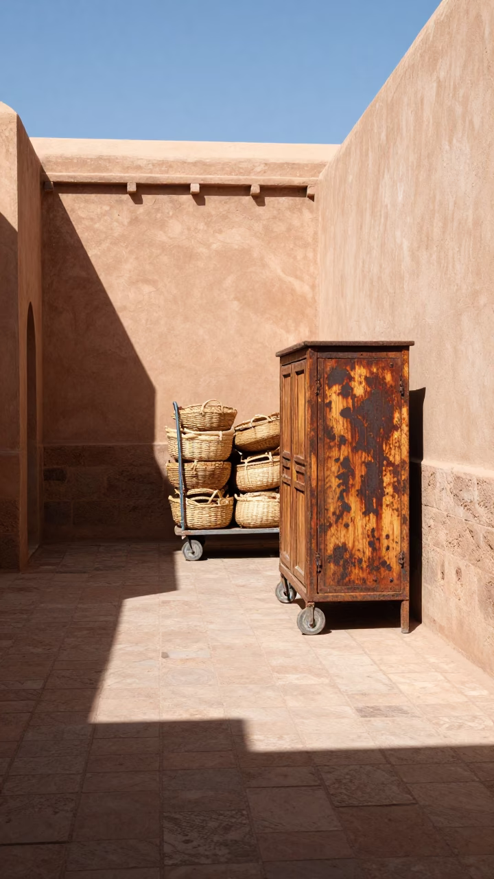 Sunlit Fez Courtyard With Rolling Carts And Rusty Cabinet Latch in in Fez, Morocco