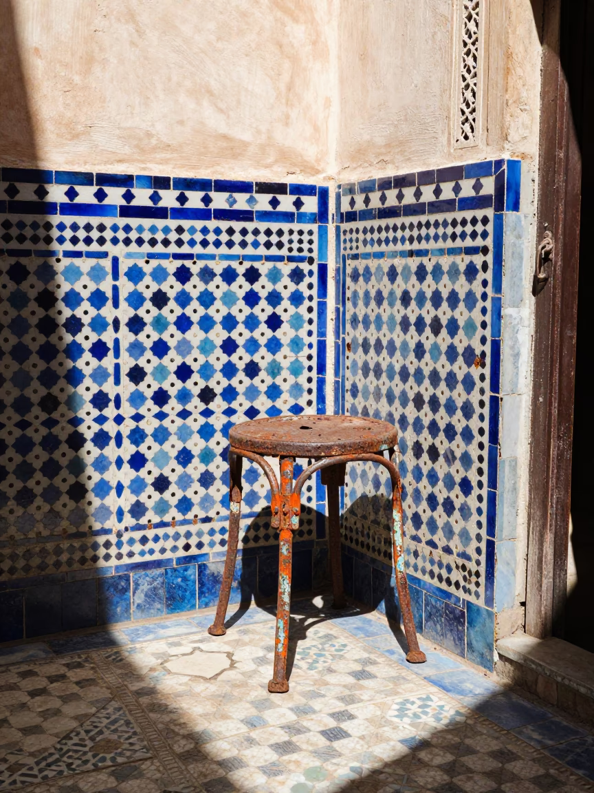 Sunlit Fez Courtyard with Rusty Metal Stool and Zellige Tile Floor Midday in in Fez, Morocco