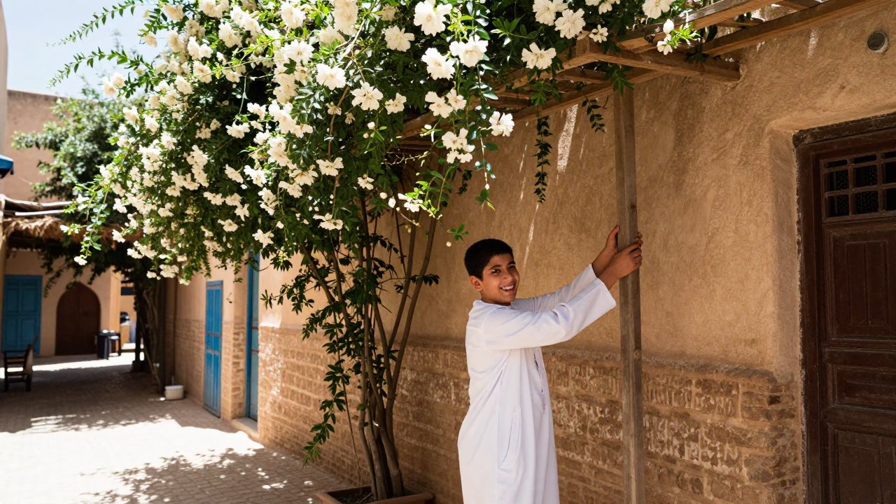 Sunlit Fez Medina Alley with Climbing Jasmine and Local Commerce in in Fez, Morocco