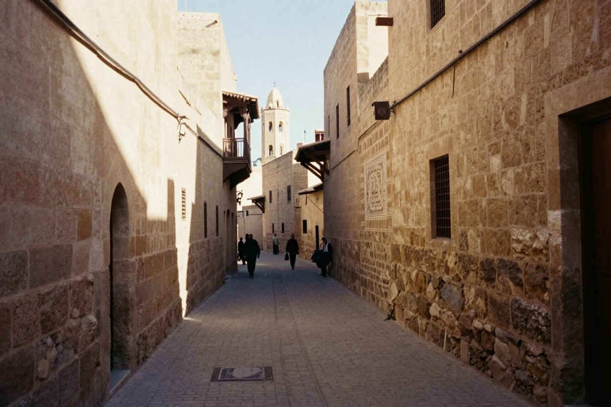 Sunlit Fez Medina Alley with Stone Architecture and Local Market Activity in in Fez, Morocco