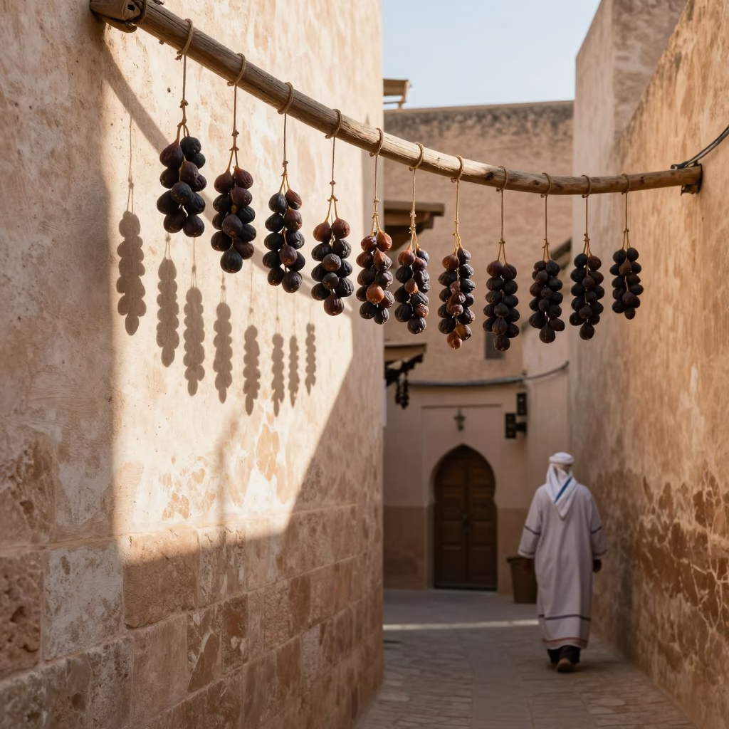 Sunlit Fez Medina Alleyway with Drying Figs and Traditional Wall Hooks in in Fez, Morocco