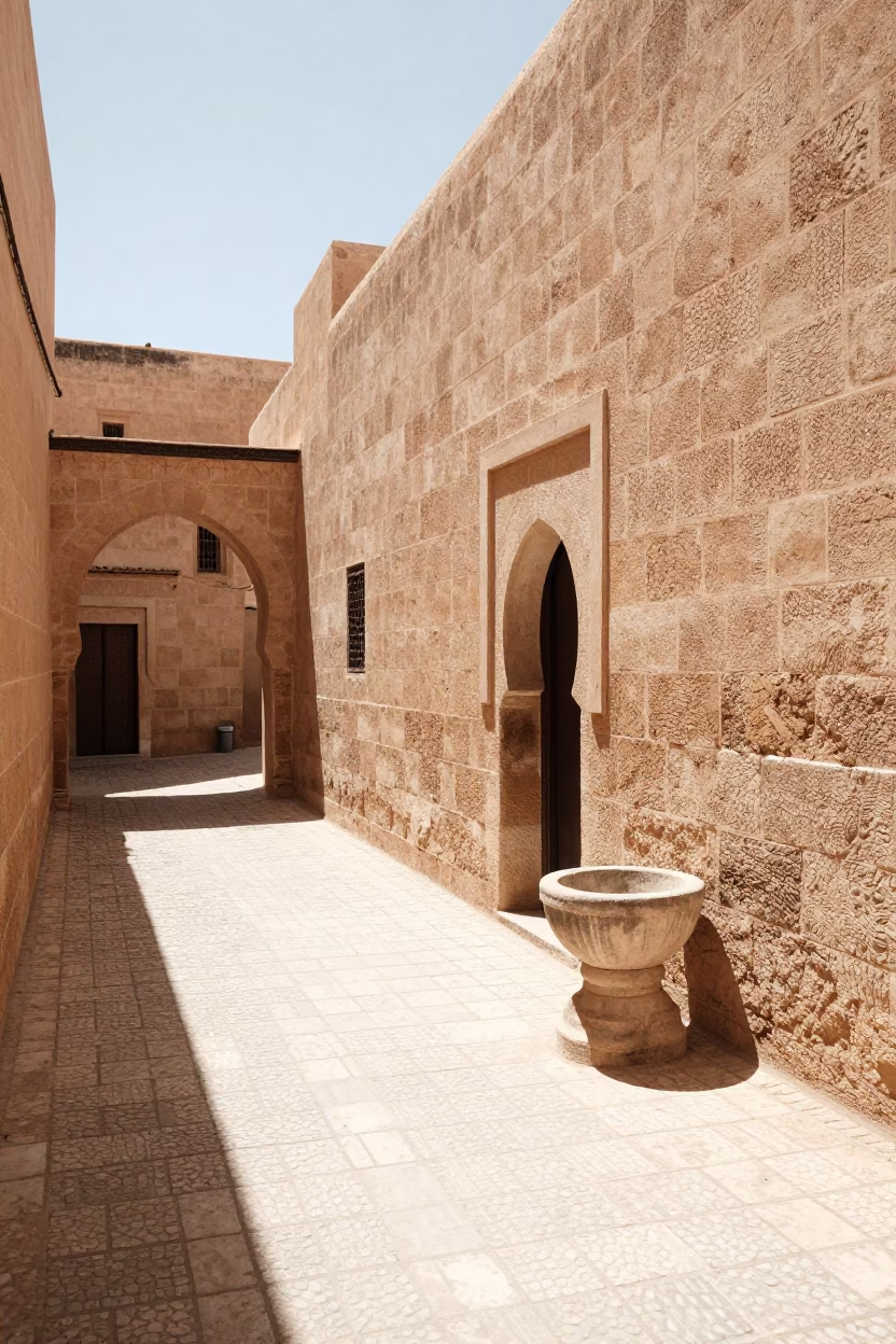 Sunlit Fez Medina Alleyway with Traditional Basin and Limestone Architecture in in Fez, Morocco