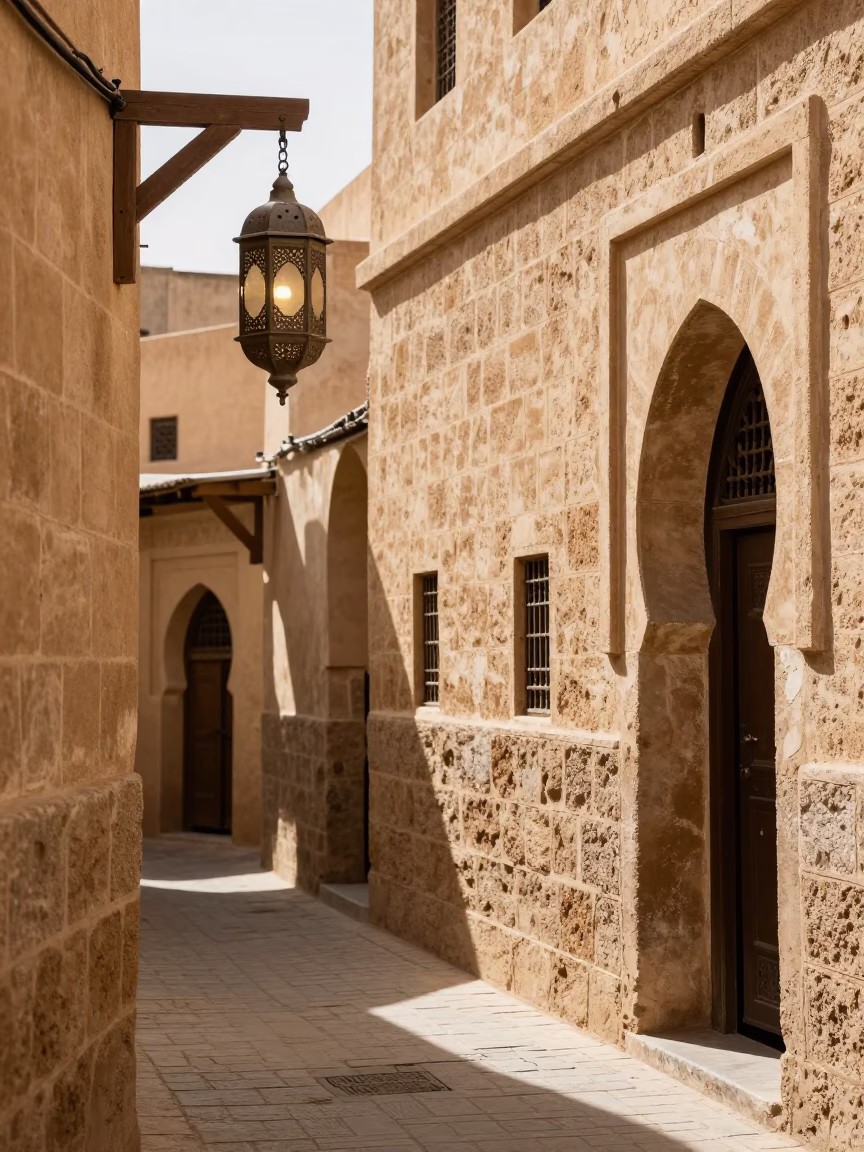 Sunlit Fez Medina Alleyway with Traditional Lanterns and Stone Architecture in in Fez, Morocco