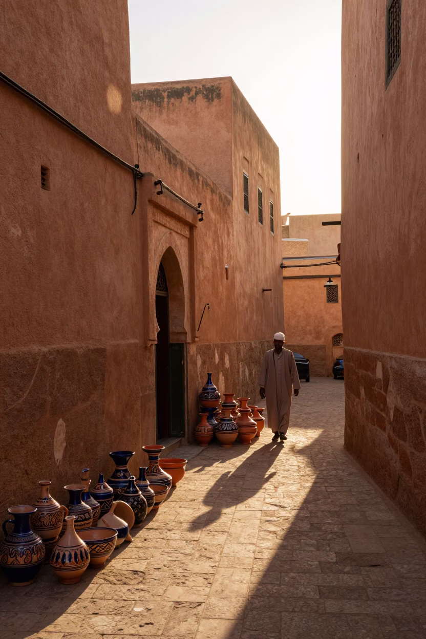 Sunlit Fez Medina Alleyway with Traditional Pottery and Morning Light in in Fez, Morocco