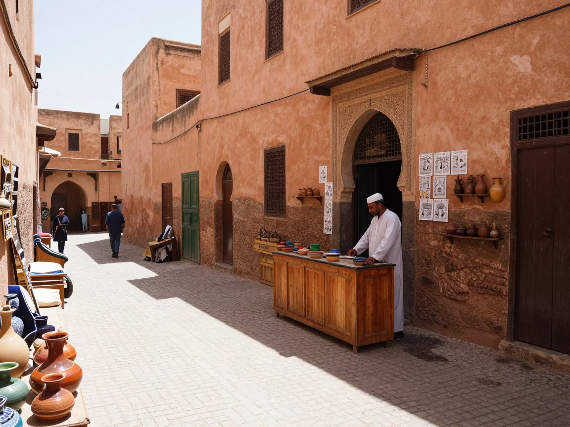 Sunlit Fez Medina Street with Traditional Pottery and Paper Fans in Morocco in in Fez, Morocco