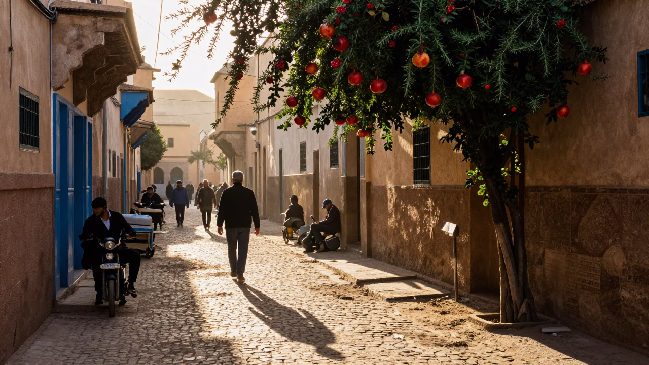 Sunlit Fez Morning Street Scene with Pomegranate and Rosemary in in Fez, Morocco