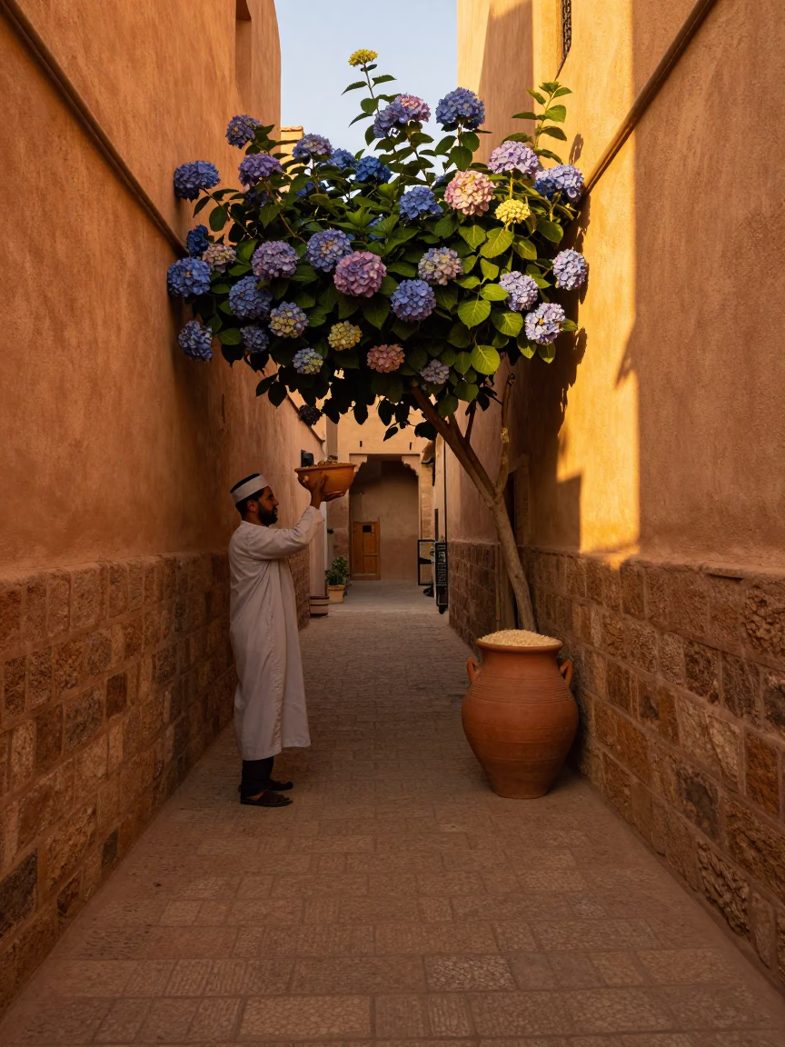 Sunlit Fez Morocco Alleyway Evening Clay Pot and Hydrangea Bush in in Fez, Morocco
