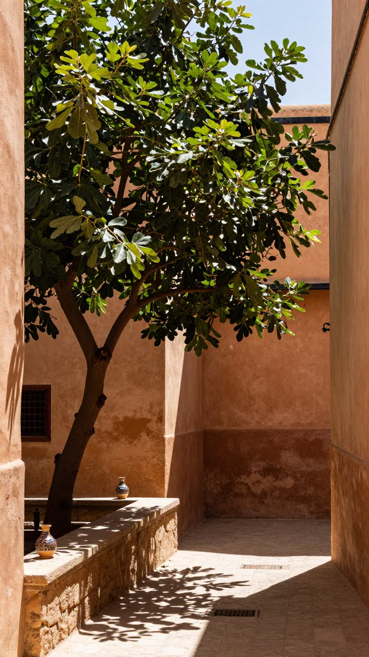 Sunlit Fez Morocco Courtyard with Fig Tree and Traditional Pottery Details in in Fez, Morocco