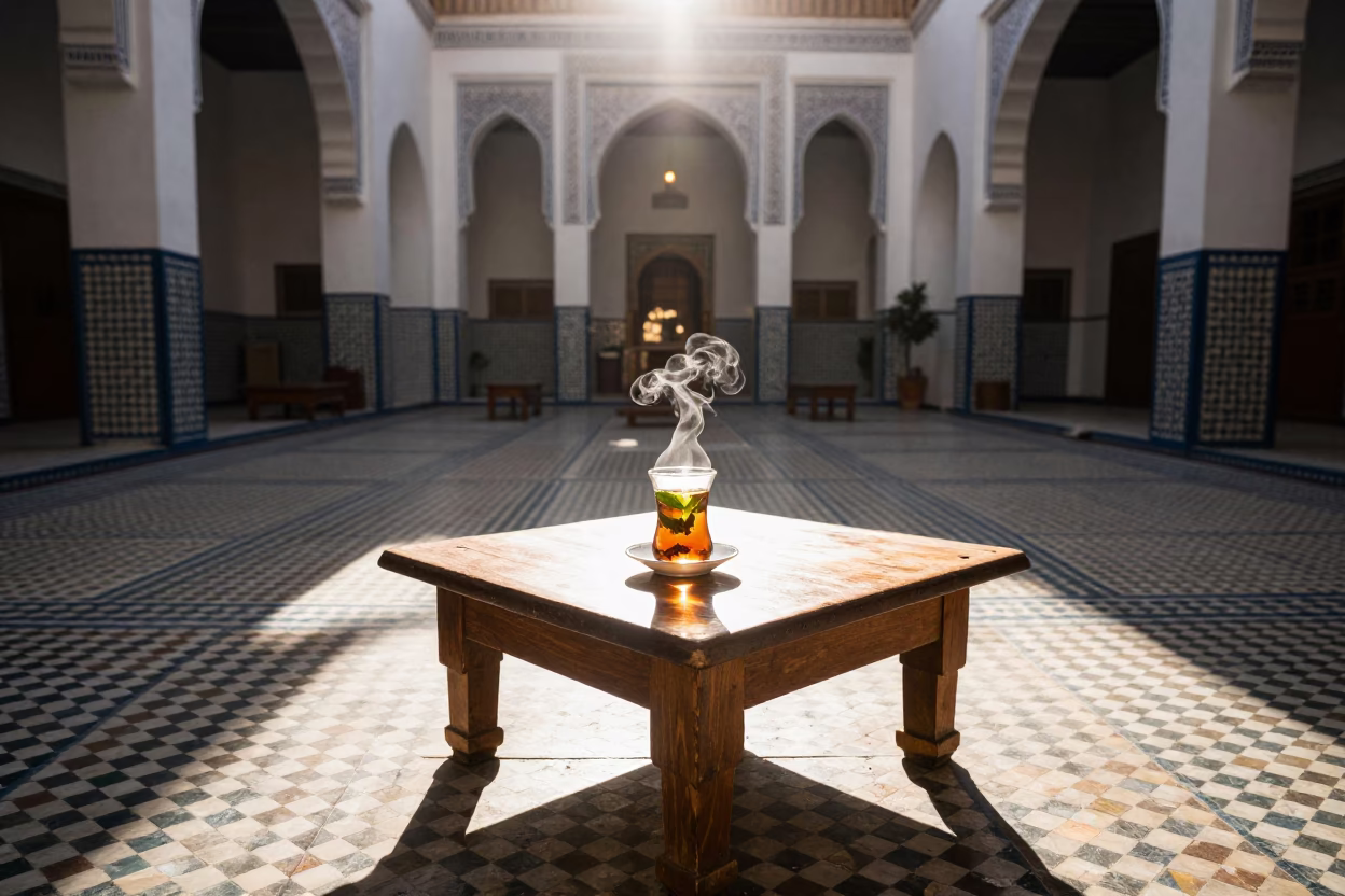 Sunlit Fez Morocco Courtyard with Tea and Traditional Architecture in in Fez, Morocco