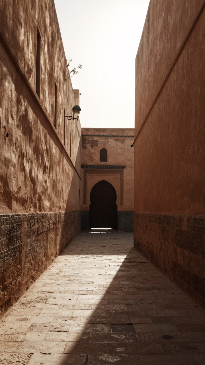 Sunlit Fez Morocco Early Afternoon University Cloister Walkway Between Old Stone Buildings in in Fez, Morocco