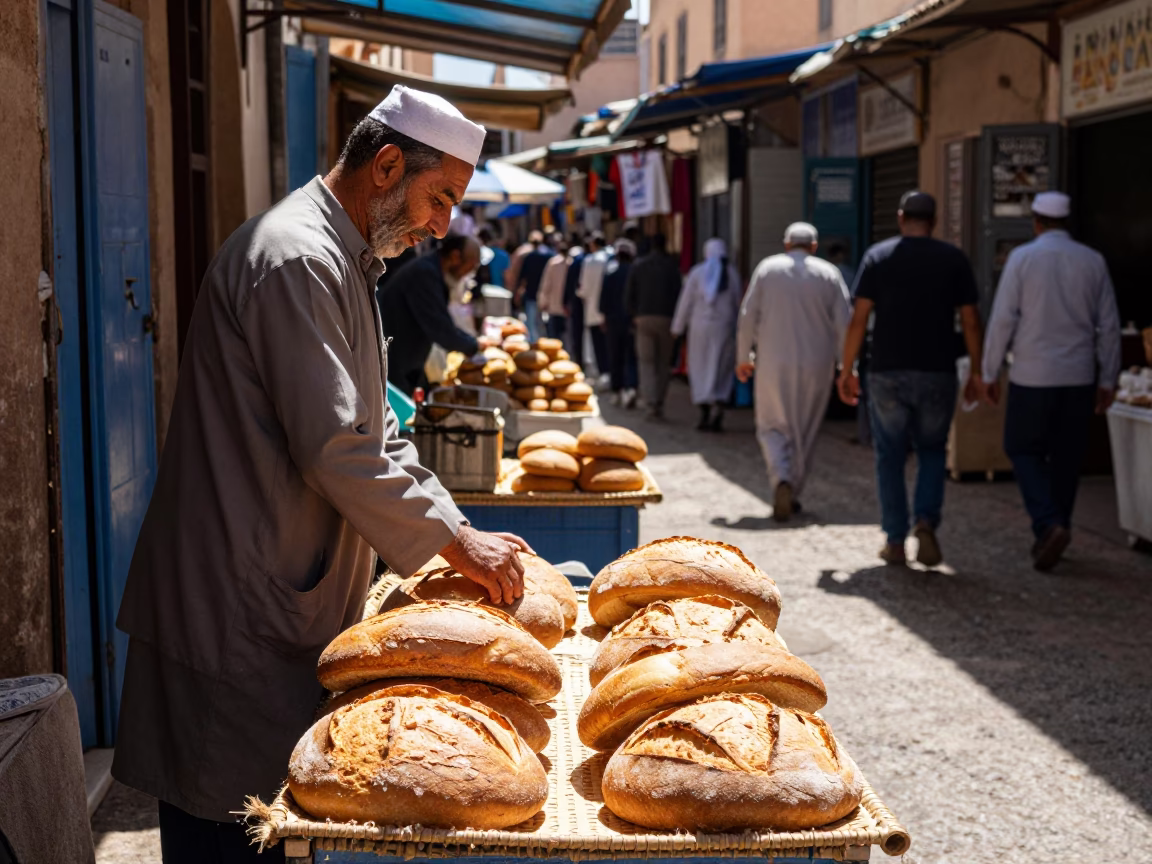 Sunlit Fez Morocco Midday Market Scene with Bakers and Bread Loaves in in Fez, Morocco