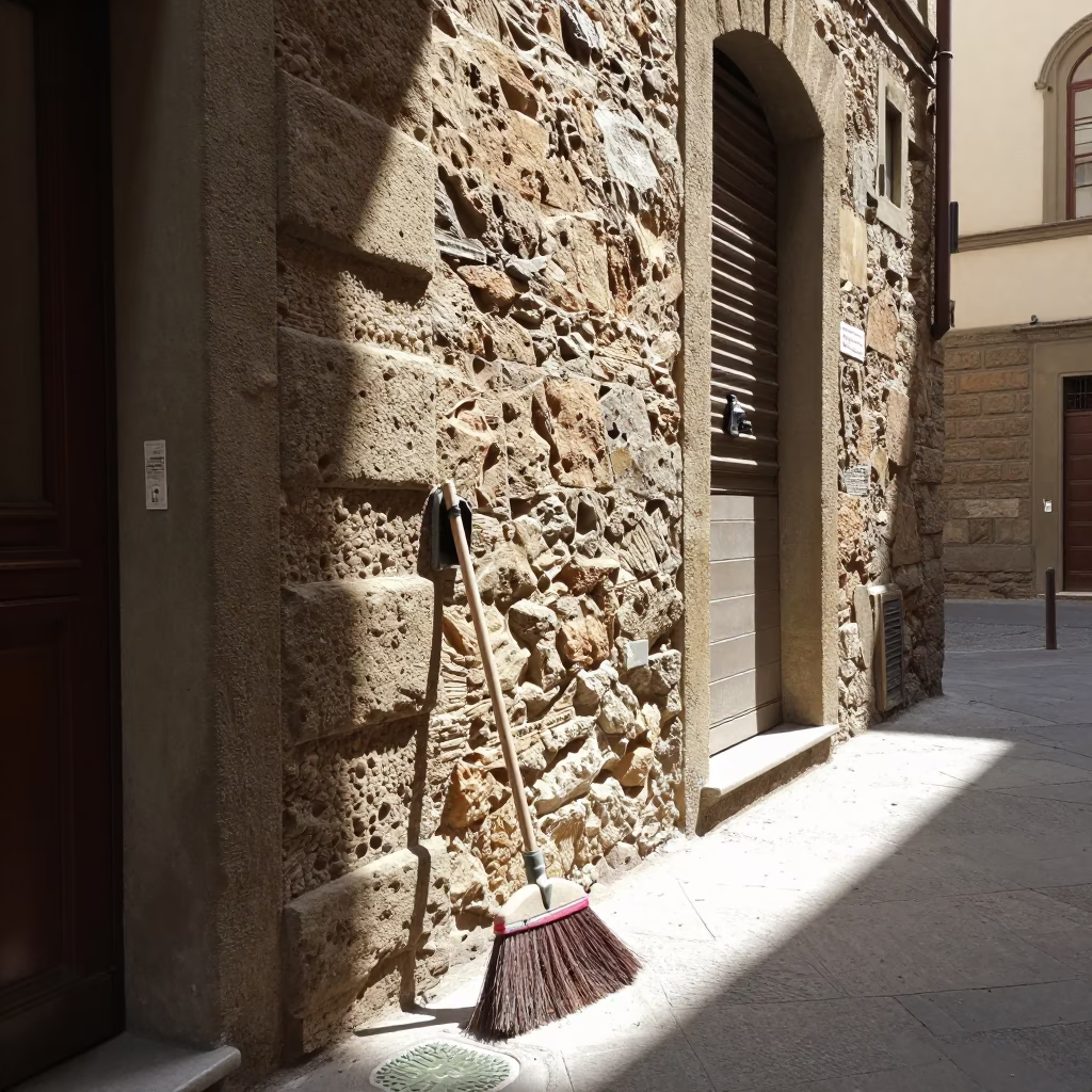 Sunlit Florence Alleyway with Broom and Latch Details Under Noons Harsh Light in in Florence, Italy