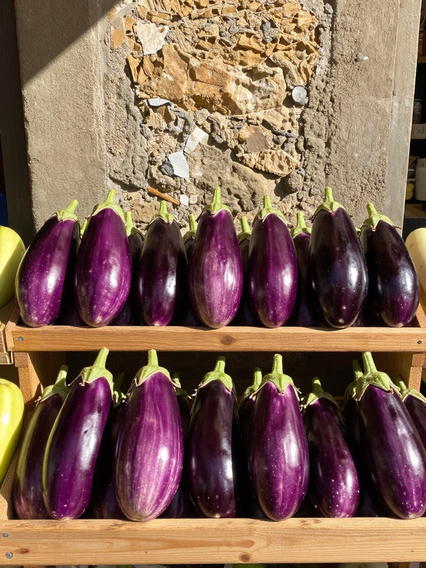 Sunlit Florence Market Stall Displaying Fresh Eggplants and Local Produce at Midday in in Florence, Italy
